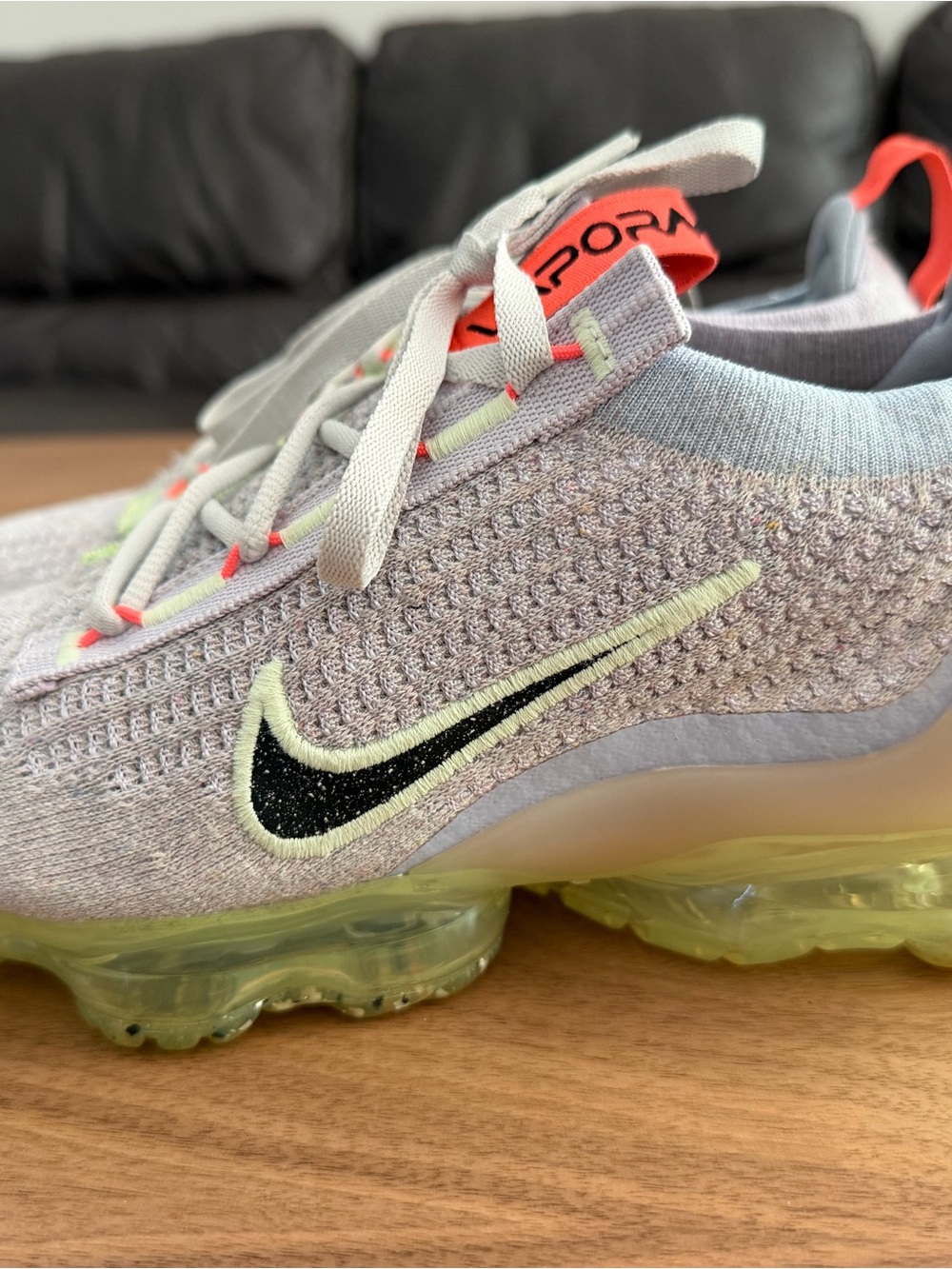 Nike women’s VaporMax Flyknit Sneakers - Light Grey with Neon Yellow and Black